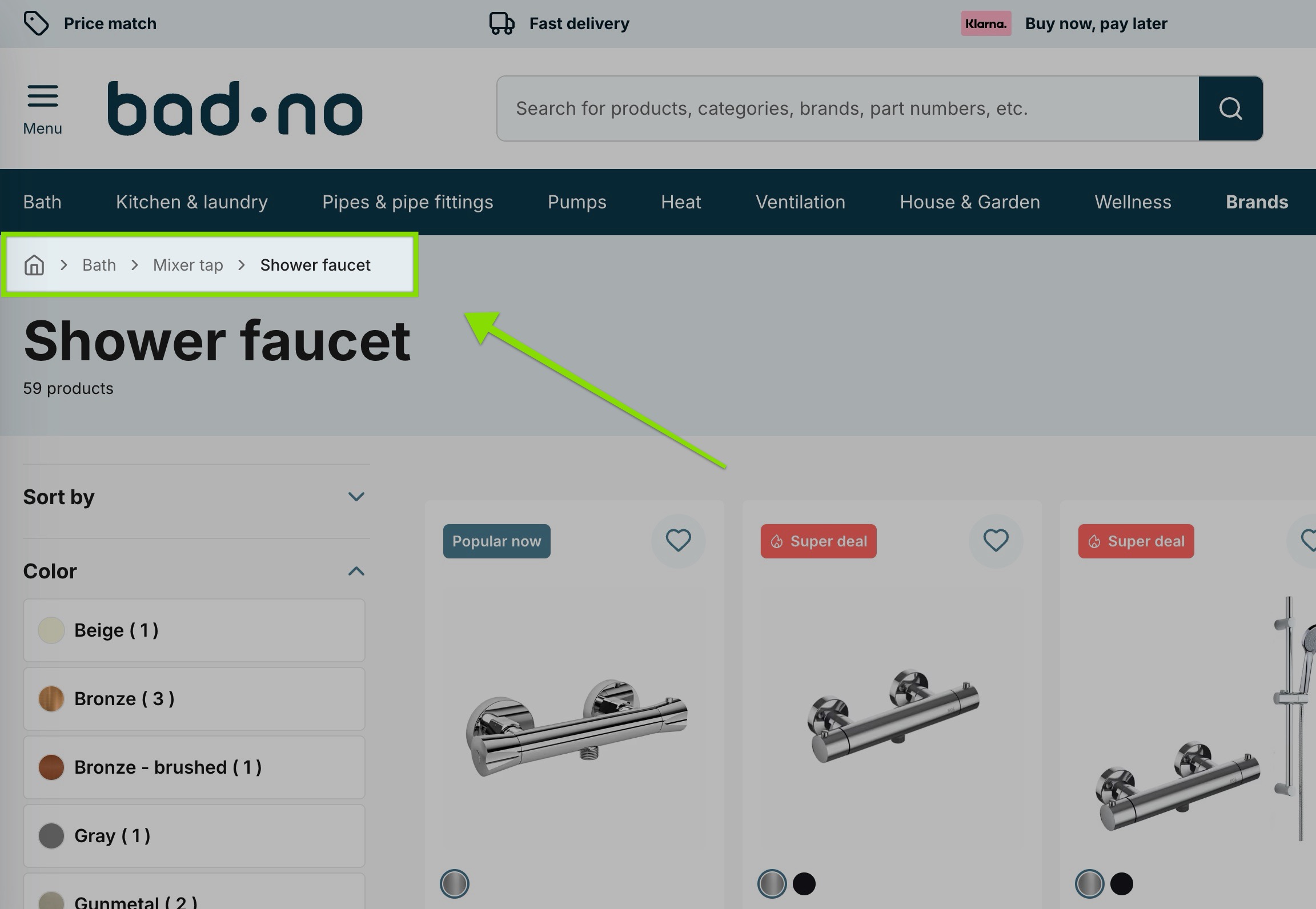 shopify store - breadcrumb example