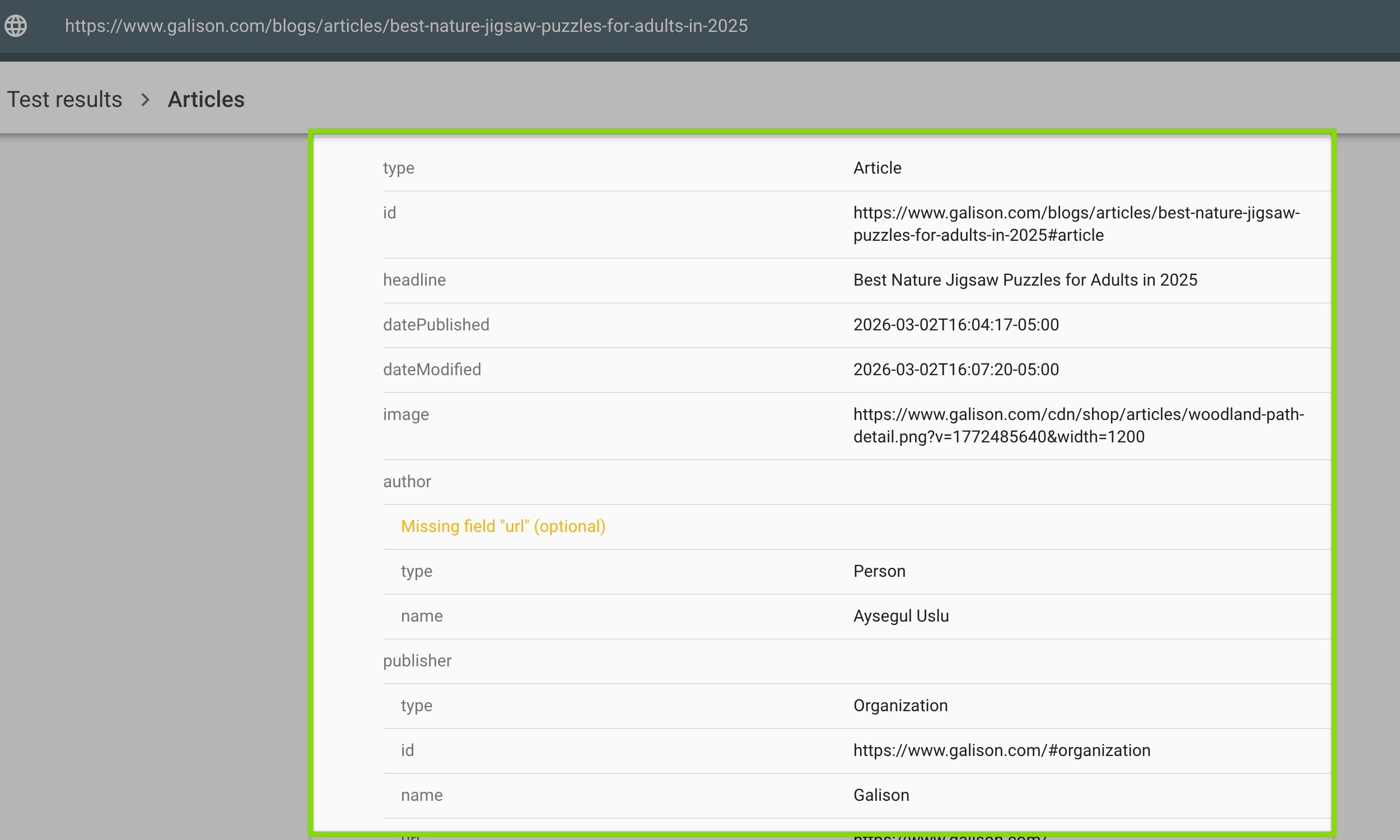 article schema of a shopify store