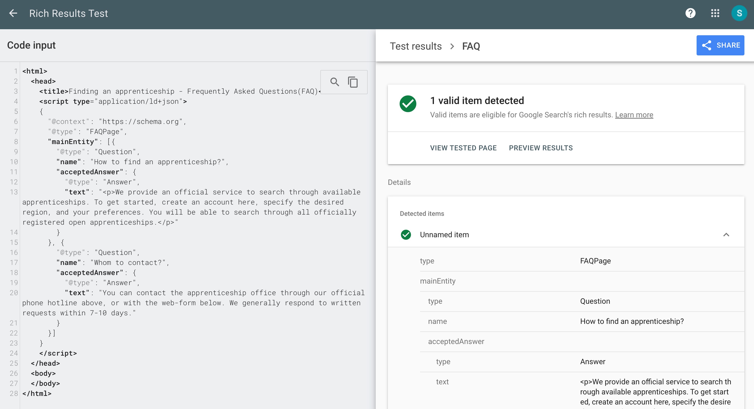 example of correct faq schema - google