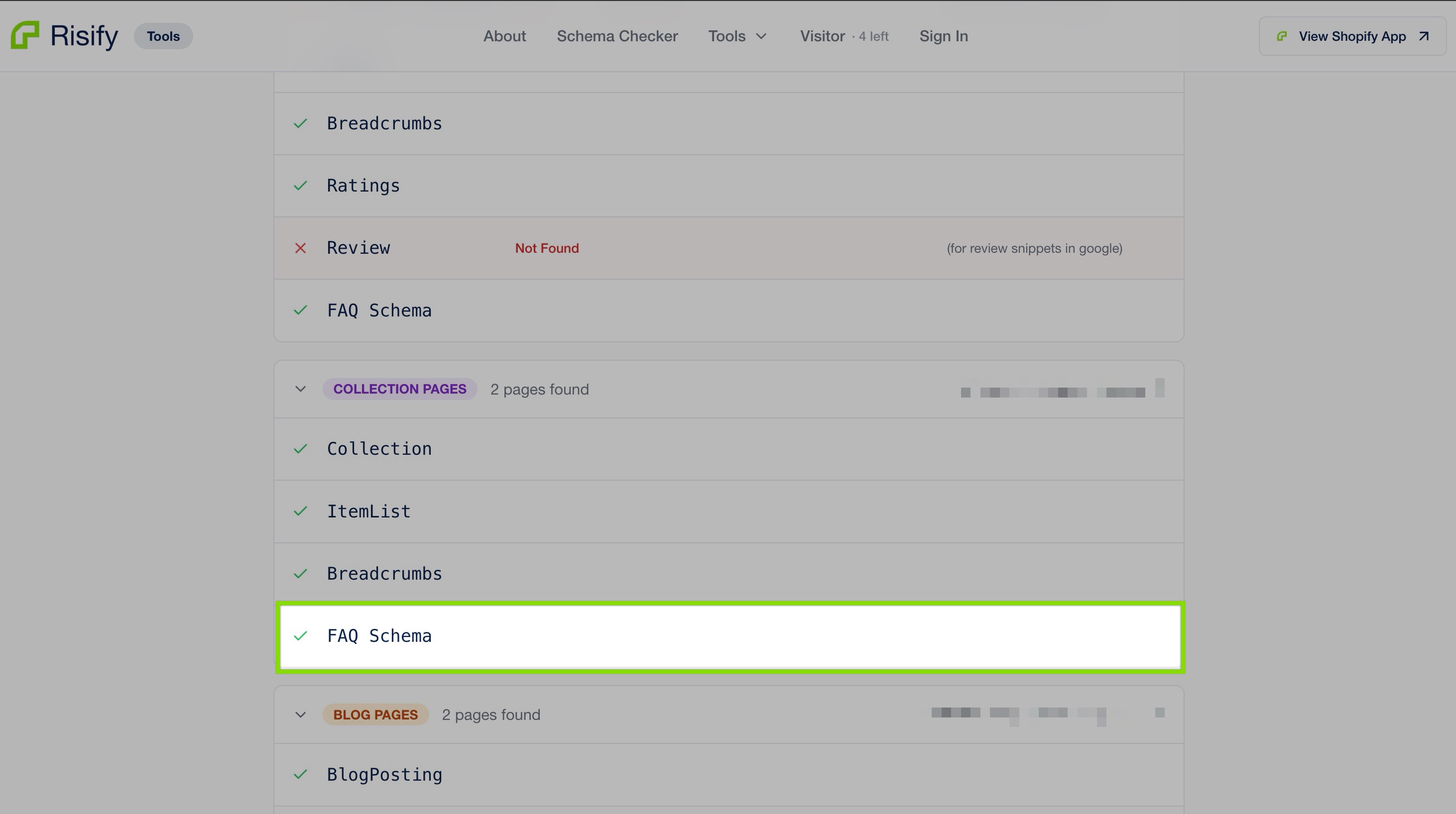 checking faq schema of a shopify store with risify schema checker tool