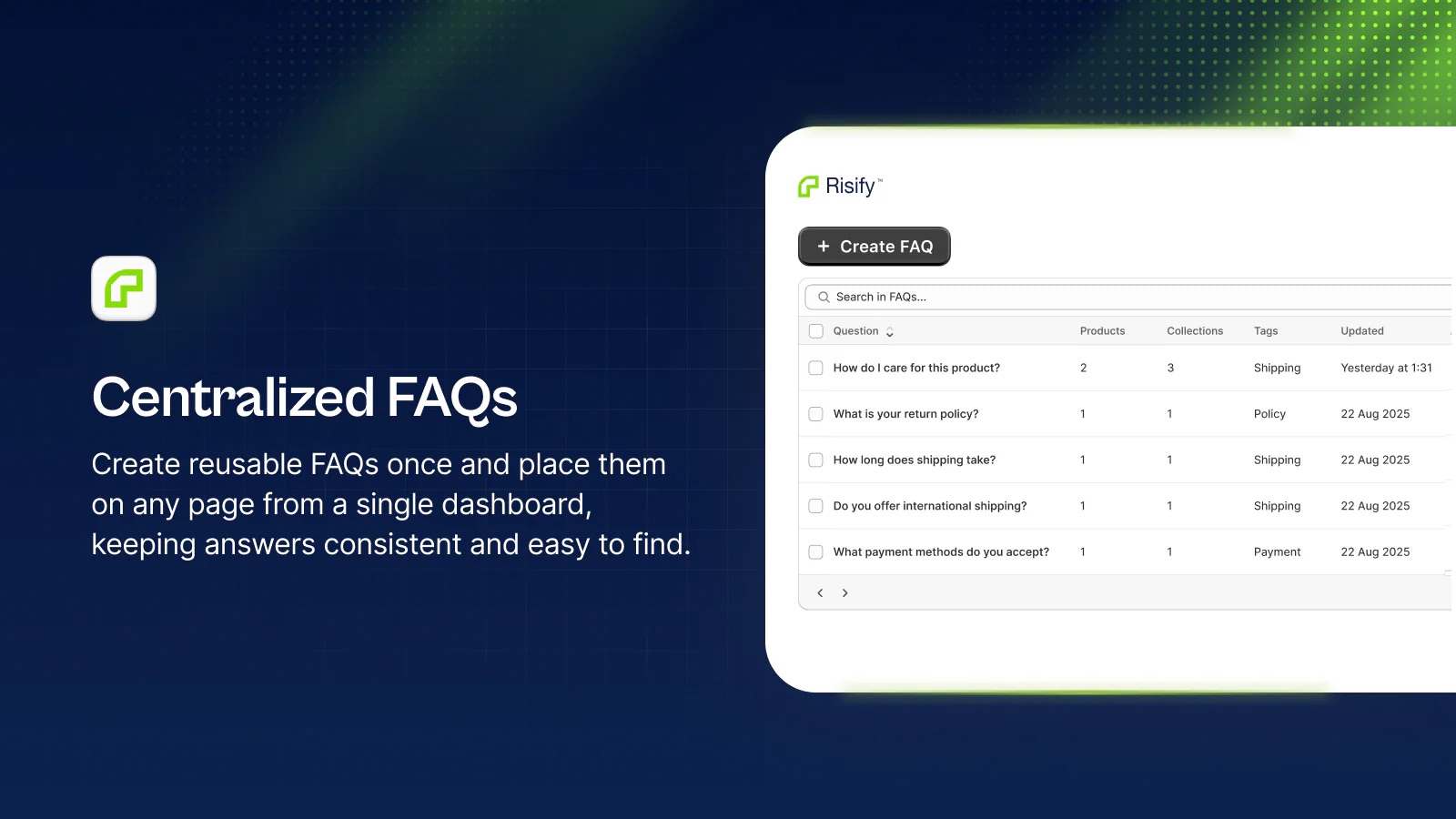 risify's centralized faq feature
