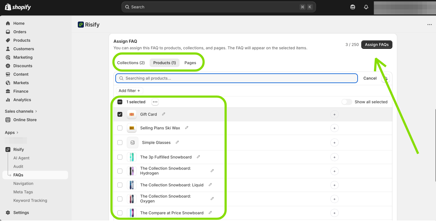 assigning faq content to product and collection pages - shopify