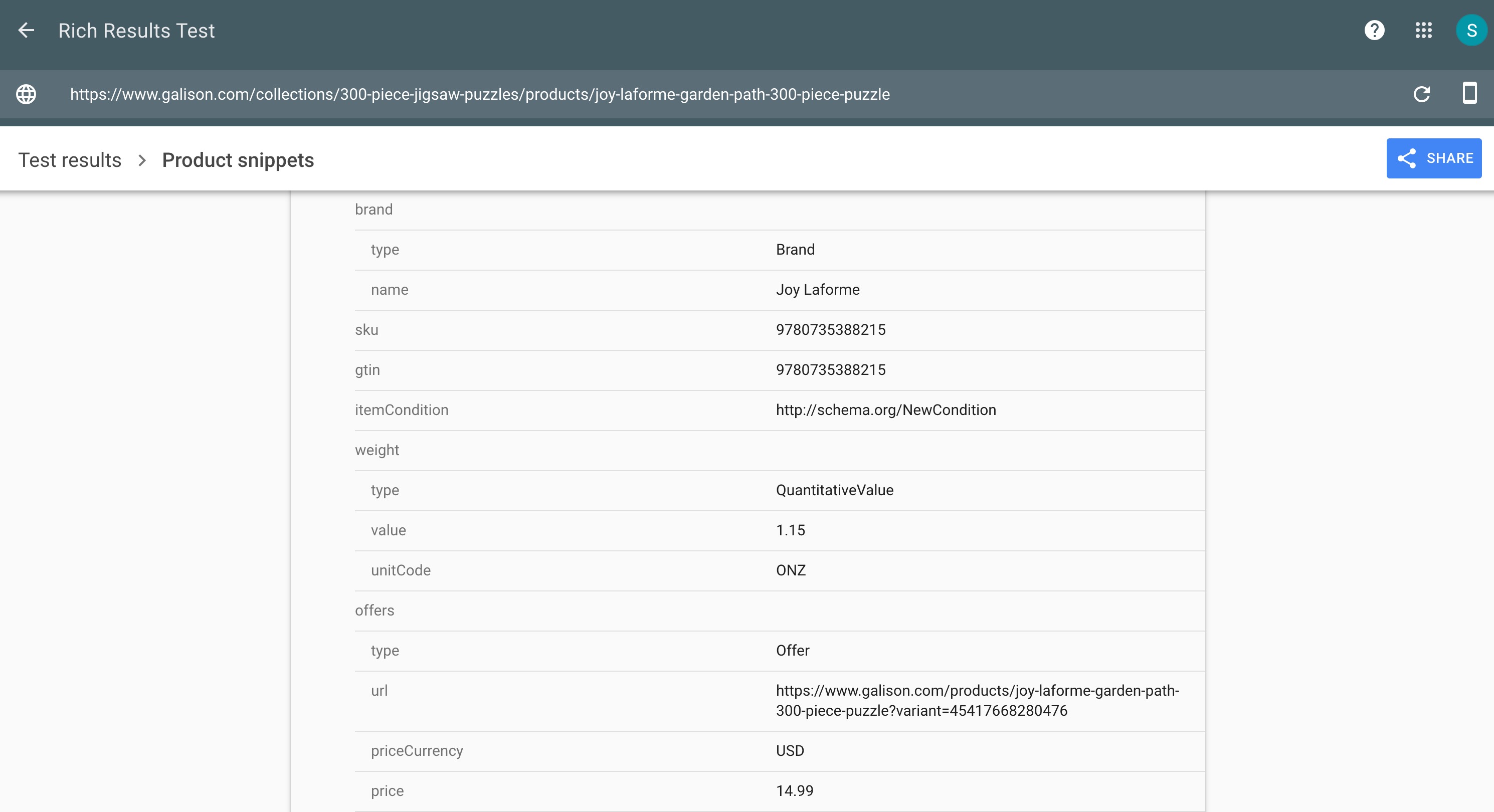 schema markup example - google rich test results