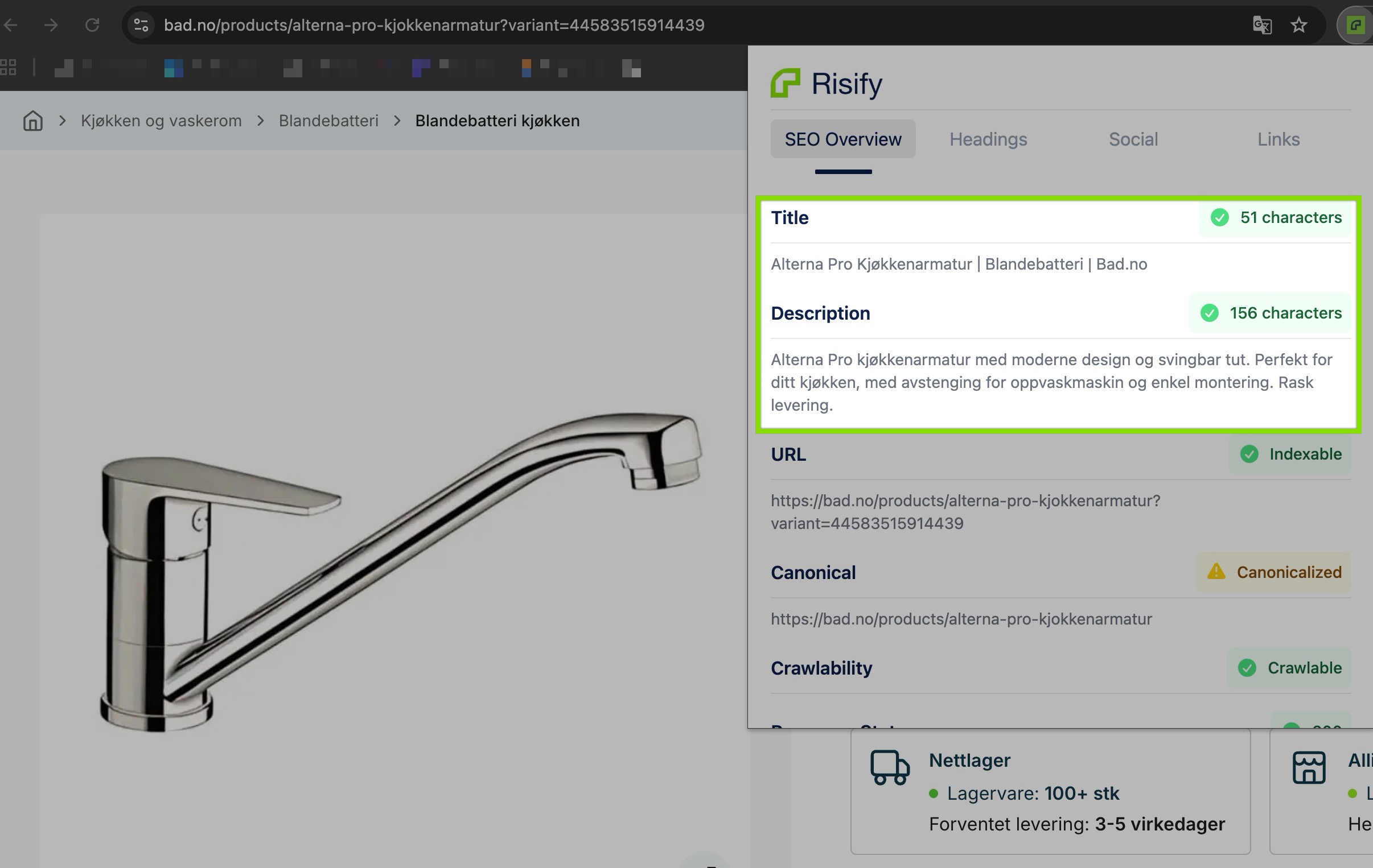 example of meta tags of a shopify store
