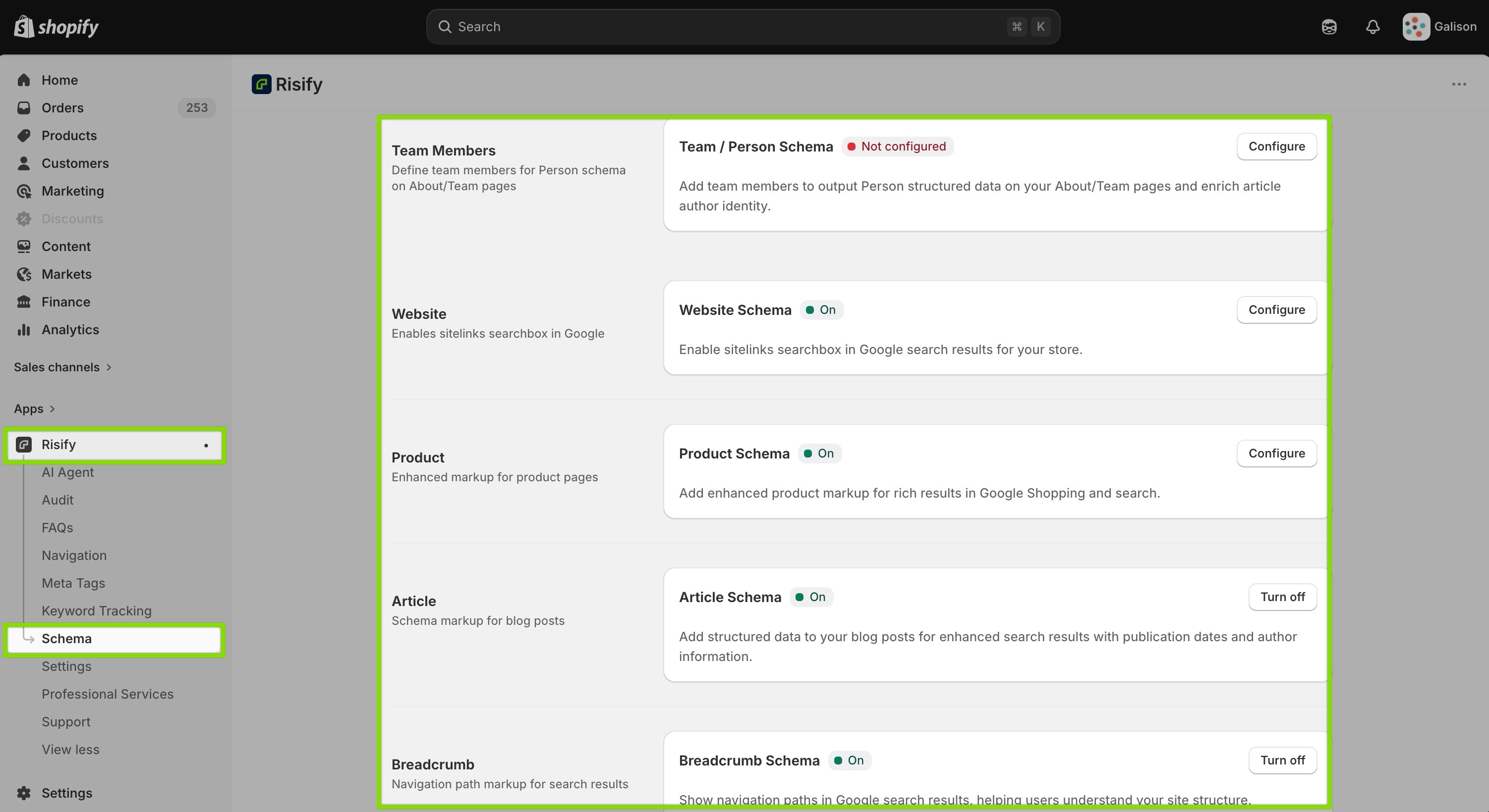 activating schema markup for a shopify store