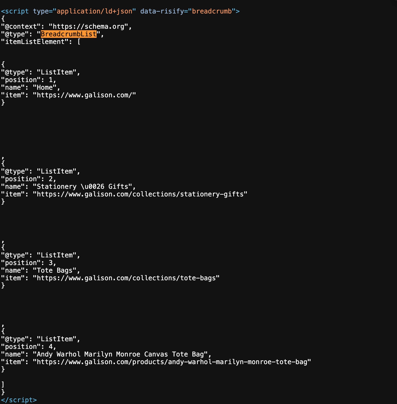 breadcrumblist schema example of a shopify store