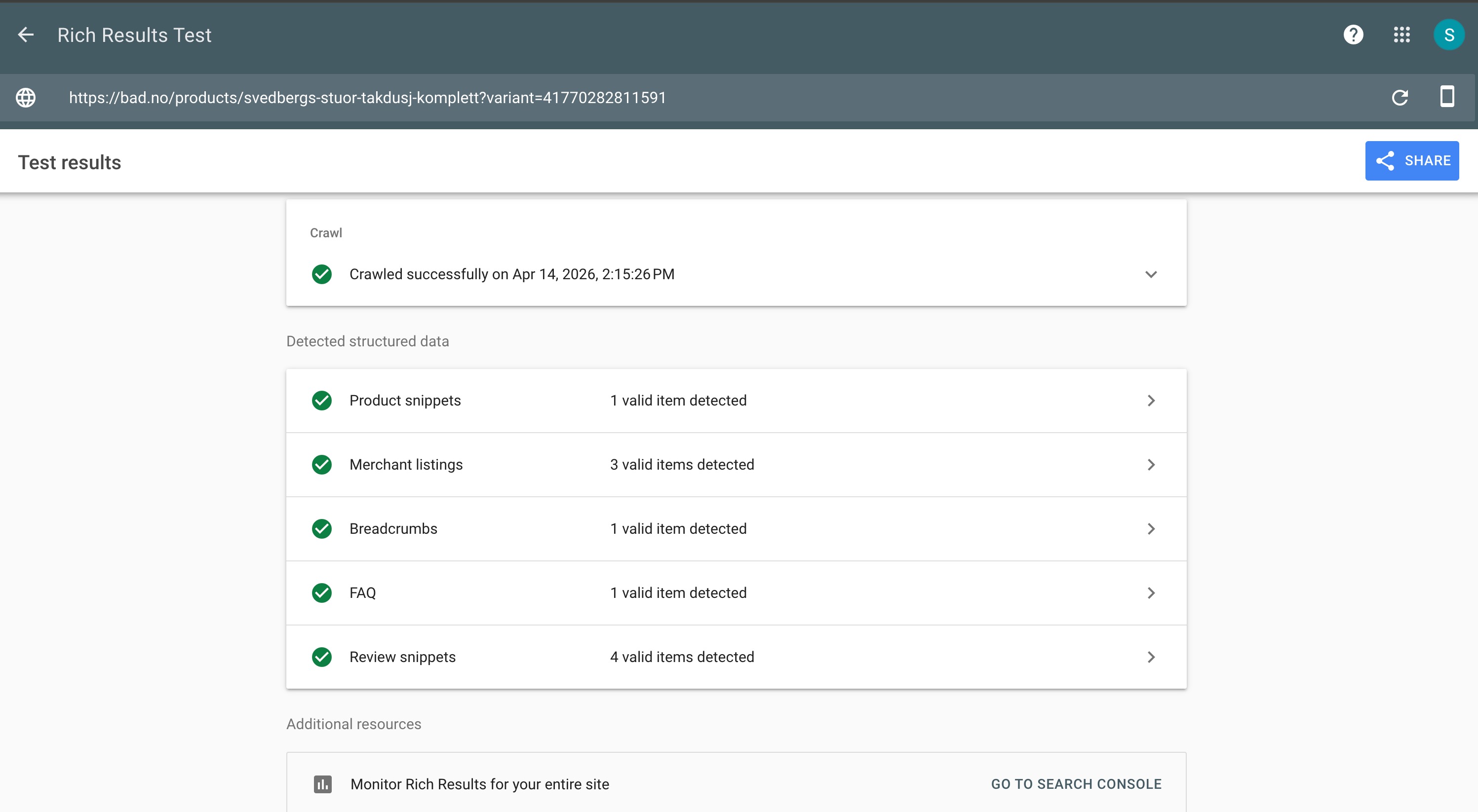 structured data - product page of a shopify store