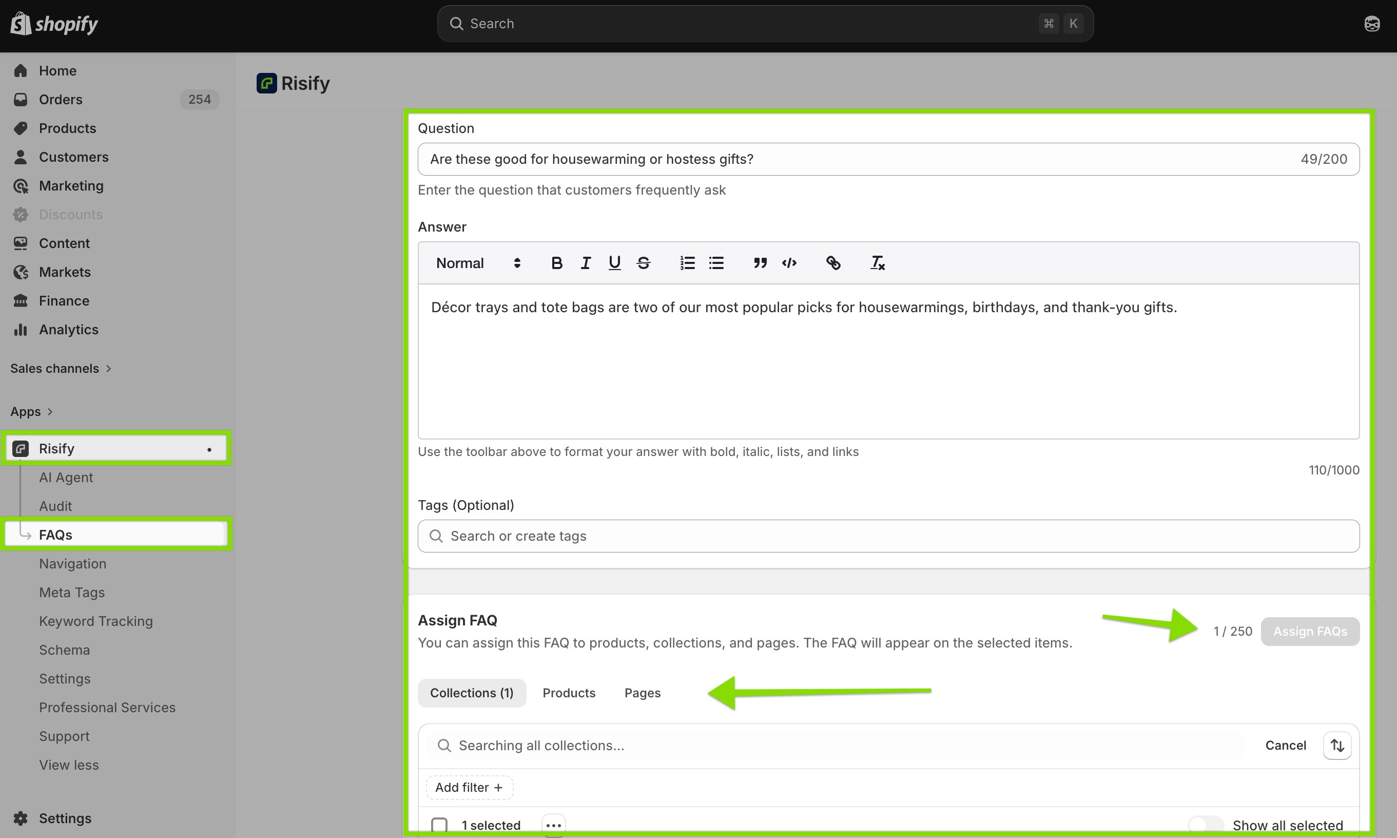 creating faq content for a shopify store