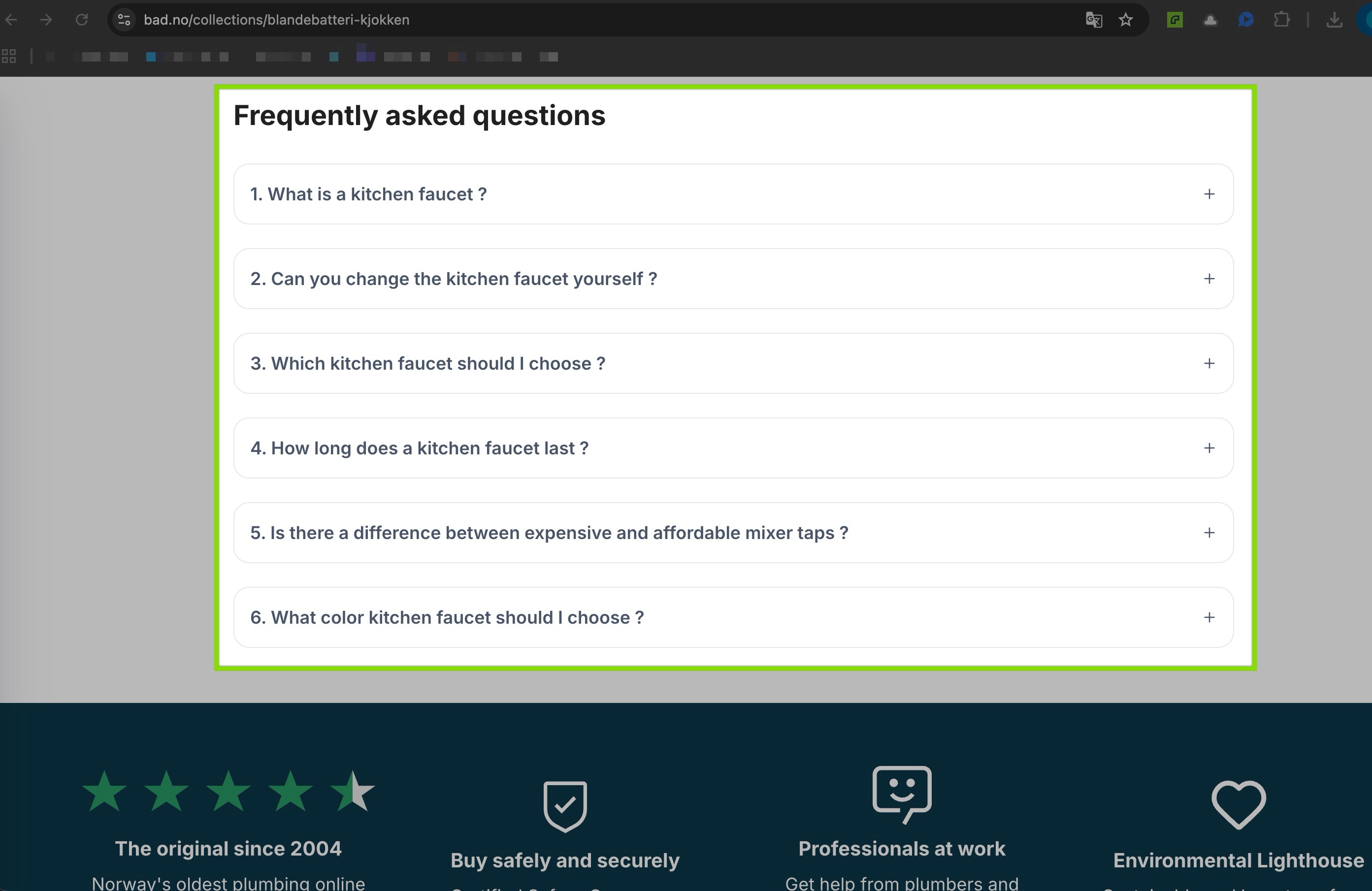 faq content example on a collection page of a shopify store