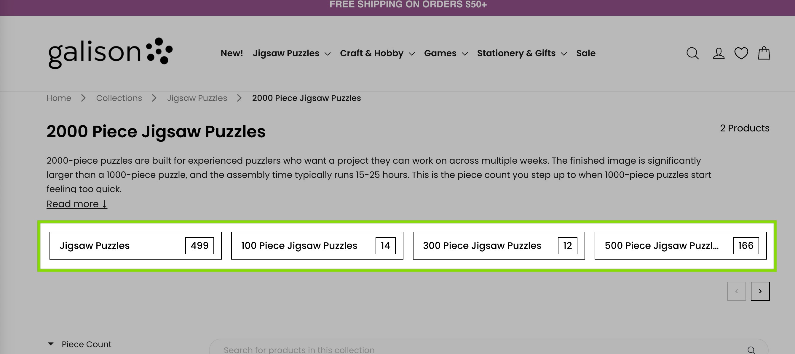 subcollections example - shopify store