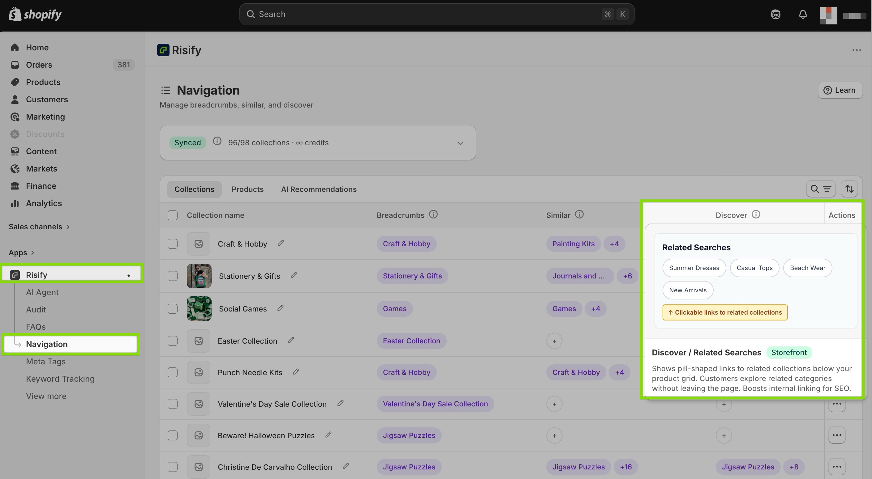 internal linking and related search additions - shopify 