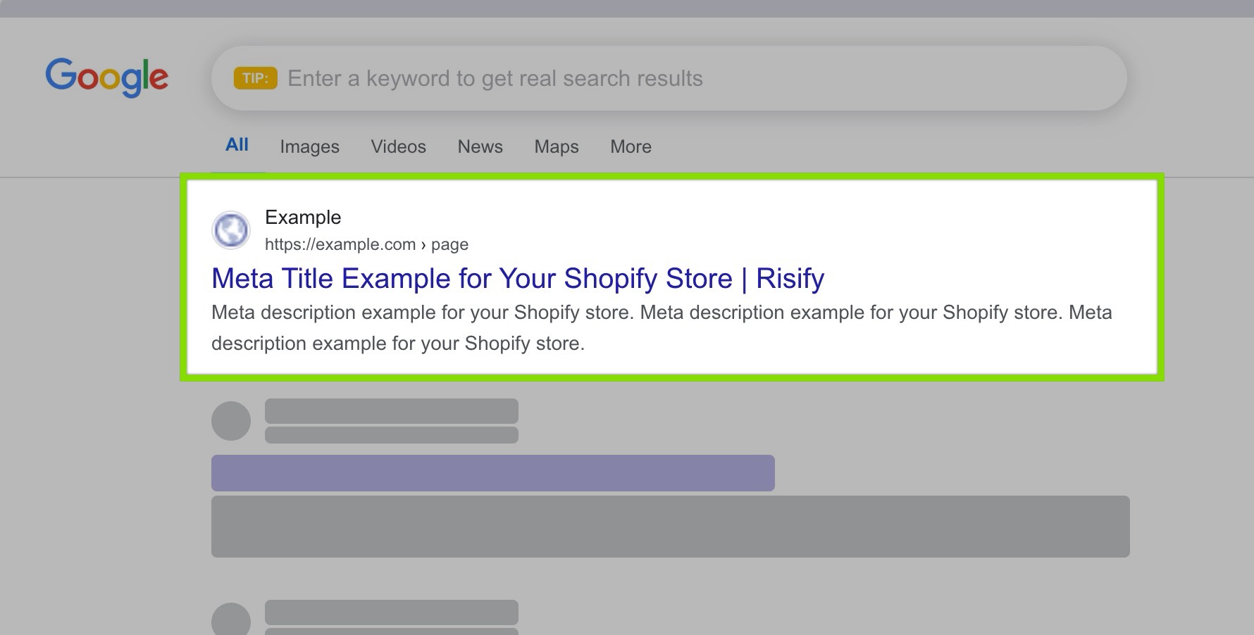 meta title and meta description example - shopify store