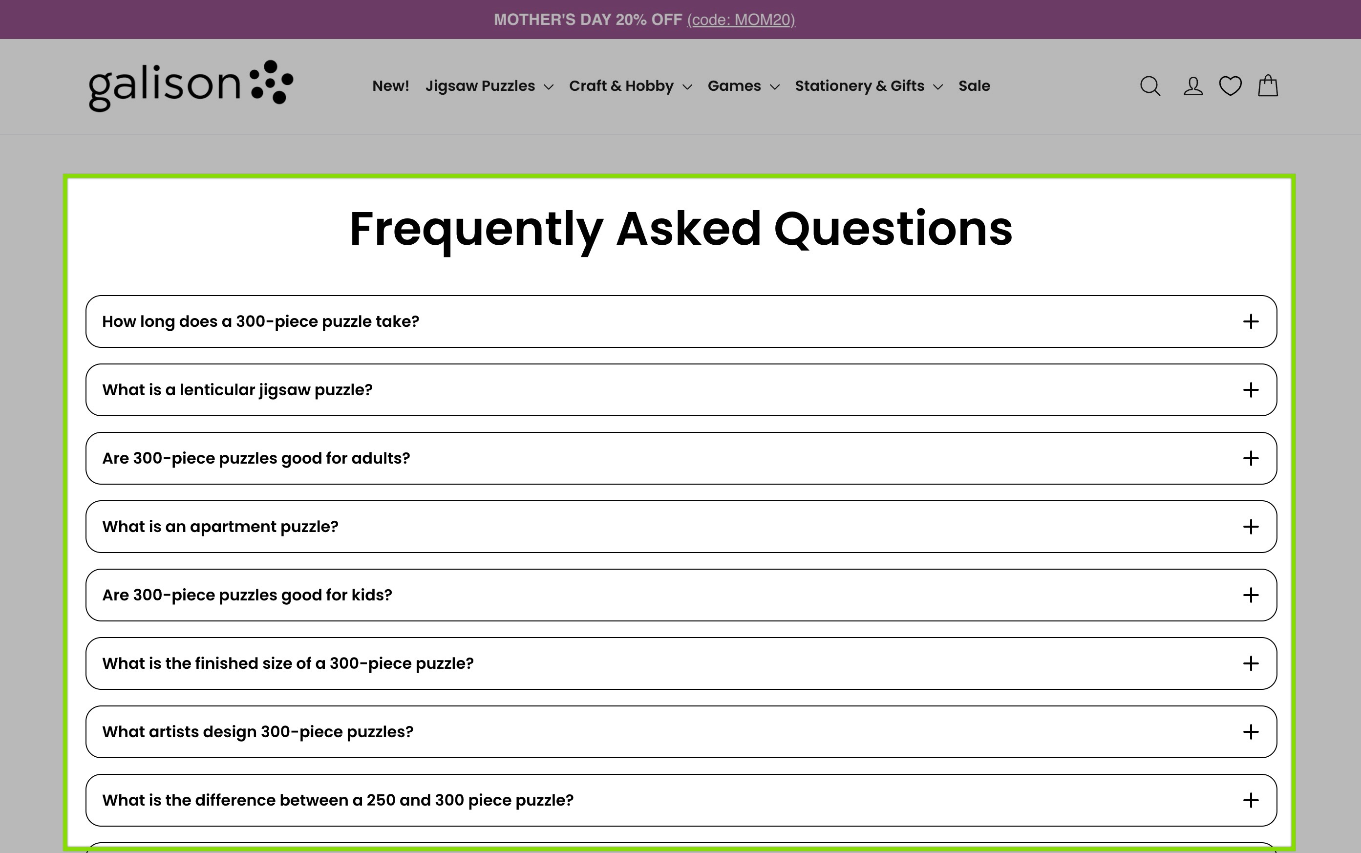 faq content example on a shopify store collection page