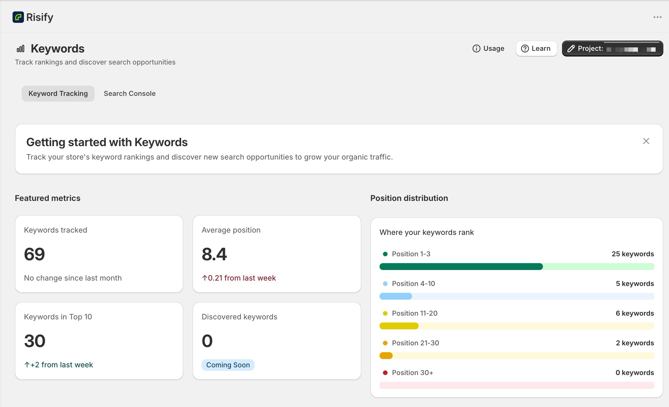 keyword tracking inside shopify - metrics overview