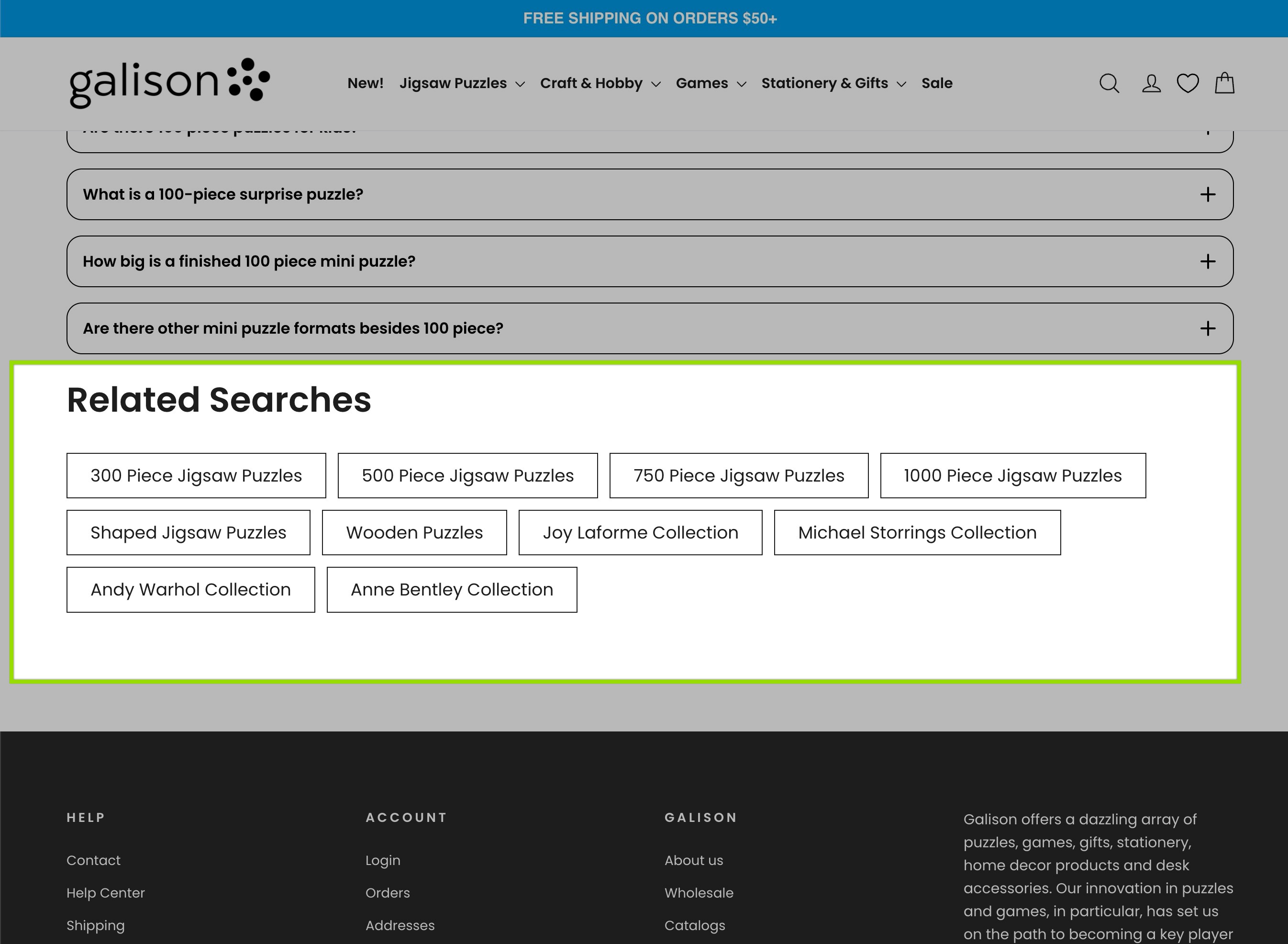sample collection page with related searches on shopify